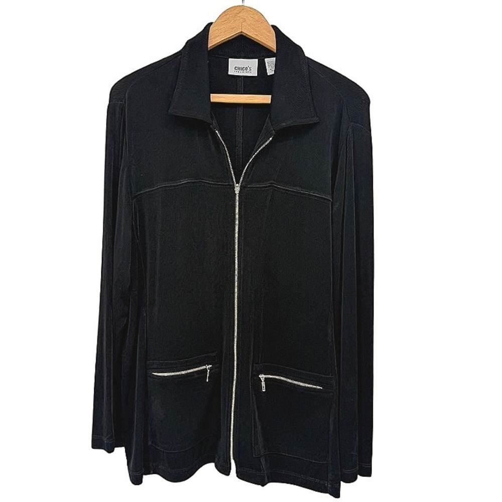 Chicos Travelers Full Zip Travel Wrinkle Free Jacket Black Neutral Size 2/MD